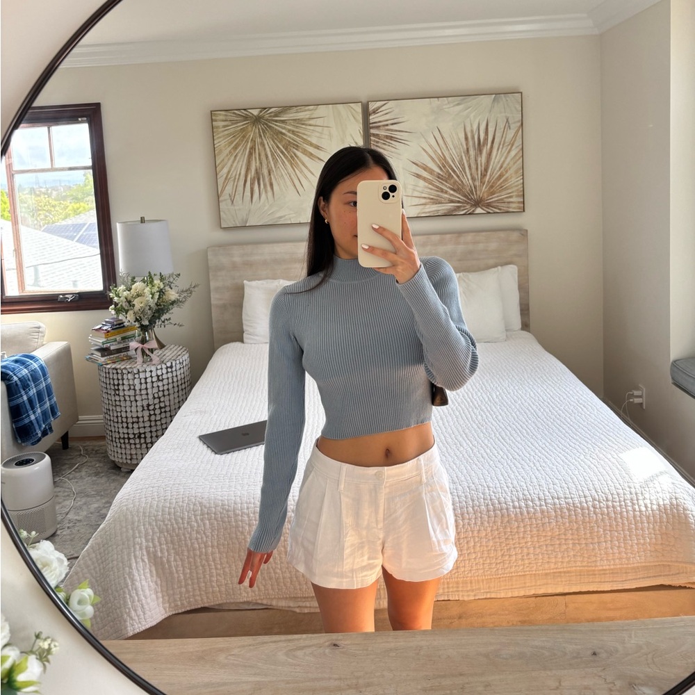 Zara Blue Crop Top Turtleneck Backless Long Sleeve